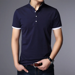 Camisetas de Verano Cómodas para Hombre, Cuello Mao, Manga Corta, Corte Regular, Ribete en Contraste, Ropa Casual de Oficina, Poliéster/Algodón - Product Image 2