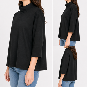 เสื้อยืดแขนสามส่วนคอสูงทรงหลวมสำหรับผู้หญิง ผ้าฝ้าย/อีลาสเทน ถักทอเนื้อผ้าเรียบ สไตล์ลำลอง สตรีทแวร์ รับออกแบบตามสั่ง OEM/ODM - Product Image 2