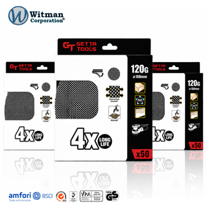 แผ่นขัดทรายซิลิคอนคาร์ไบด์ GETTA TOOLS ขนาด 150 มม. 5 นิ้ว 1300 กรัม แบบตาข่าย พร้อมแผ่นดูดฝุ่น สำหรับงานตกแต่งเฟอร์นิเจอร์ บรรจุ 50 แผ่น - Product Image 1