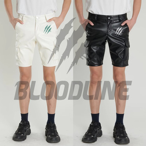 Pantalones cortos tipo Bermuda con revestimiento de PU negro, diseño con bolsillos cargo, cierre con botones, estilo casual, pantalones cortos con revestimiento de PU para hombre - Product Image 6