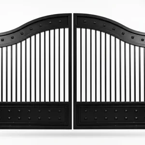 Elegante Puerta Doble de Hierro Negro con Parte Superior Arqueada y Tachuelas Ornamentales, Puerta de Estilo Clásico para Exteriores - Product Image 4