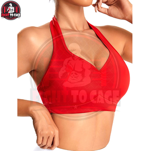 Hecho en Pakistán, diseño único en un color rojo sólido, tacto suave, a la moda, recién llegado, sujetador deportivo sencillo con cuello halter. - Product Image 5