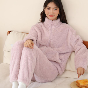 Conjunto de Pijama de Forro Polar para Mujer, Manga Larga, Color Sólido, Cierre Frontal con Cremallera, Ropa de Dormir Cálida para Invierno, Tejido Suave, 100% Poliéster - Product Image 5