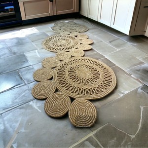 Medallion Pattern Handcrafted Flat Pile Bohemian Jute Round Area Rug <b>Kitchen</b> Floor <b>Mat</b> Non Slip Rubber Backing - Product Image 5