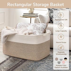 Modern Eco-Friendly <b>Foldable</b> 75L Large Woven Cotton Rope Storage <b>Basket</b> 21.6x14.9x11.8 Inches Rectangle White Light Brown - Product Image 6