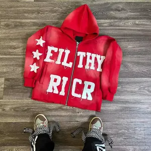 Sudadera con capucha roja personalizada de corte regular con cremallera, parche de letras de chenilla desgastado, forro polar vintage lavado, 100% algodón para hombre - Product Image 2