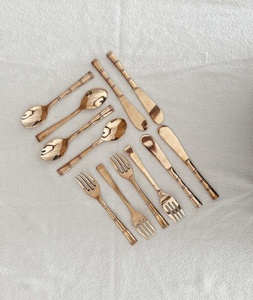 Vintage <b>Brass</b> Flatware Set High Mirror Polish <b>Dishwasher</b> <b>Safe</b> Wedding Tableware Metal <b>Cutlery</b> with Bamboo Handle Design - Product Image 1