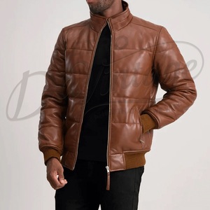 Custom Men Brown Puffer Leather <b>Jacket</b> Quilted Padded Bomber Coat Warm Winter Stand Collar Genuine Leather <b>Zip</b> <b>Up</b> <b>Jacket</b> - Product Image 6