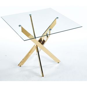 Tavolo da pranzo quadrato moderno con gambe in metallo a croce in vetro temperato salvaspazio per cucina e soggiorno cromato e gambe dorate - Product Image 1