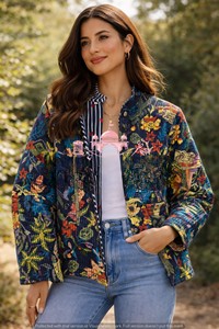 Handmade Kantha Quilted <b>Jacket</b> For Women Cotton Quilted Coat Block Print Indian Outerwear Floral Jungle Print Boho <b>Blazer</b> - Product Image 5