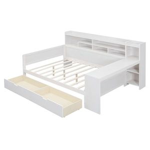 Letto a scomparsa matrimoniale in legno bianco anticato con scaffali contenitore, scrivania da studio e divano letto multifunzionale con due cassetti contenitore - Product Image 5