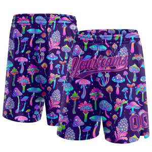 Shorts de basketball personnalisés écologiques, noirs, violet-rose, avec fleurs et champignons 3D, motif psychédélique authentique - Product Image 1