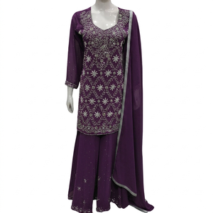 FAMUCAAS Pink Hand Embroidered Georgette Women's <b>Indian</b>/Pakistani <b>Top</b> Dress Set V Neck Long Sleeve Salwar Kameez Dupatta Quick - Product Image 2