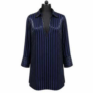 Premium Navy Blue Striped Blouse <b>Long</b> Sleeve Tunic <b>Shirt</b> with Embellished Cuffs and V Neck | Elegant Formal Party Wear for <b>Women</b> - Product Image 1