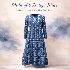 ชุดเดรสผ้าฝ้ายอินดิโก้ทำมือ คอวีเล็ก แขนยาว มีกระเป๋าข้าง ลายกอลี พิมพ์ลายดอกไม้ ชุดเดรสหรูหราสำหรับผู้หญิง - Product Image 4