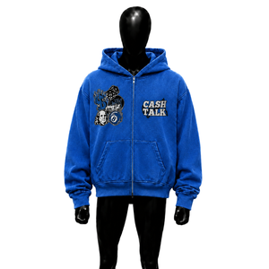 Sweat à capuche zippé bleu décontracté pour homme - Cash Talk - Coupe oversize en polaire brodée pour l'hiver - 100% coton - Product Image 1