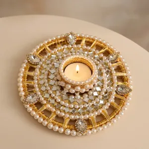 Handmade Round <b>Tea</b> <b>Light</b> <b>Holder</b> with Pearl and Crystal Embellishments for Wedding Christmas Easter Birthday Home Decoration - Product Image 1