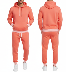 Survêtement pour homme de haute qualité, vêtements de sport corail |   Sweat à capuche avec poignets contrastants rose pastel |   Ensemble deux pièces pour homme, coupe ajustée sur mesure - Product Image 3