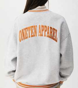 <b>Women</b> Vintage Gray Hooded Zip-Up Fleece Cotton Blend Front Logo Drop Shoulder Long Sleeve <b>Hoodie</b> Orange Letter Print - Product Image 2