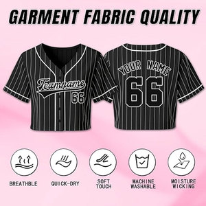 Maillot de baseball personnalisé pour femme, coupe courte, avec nom et numéro d'équipe, col en V, manches courtes, à enfiler, pour softball, noir - Product Image 2