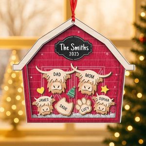 Decorazioni Natalizie Personalizzate in Legno a 2 Strati con Famiglia di Mucche Highland, Palline Ornamentali per le Festività - Product Image 1