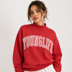 Sudadera de Cuello Alto Younglife Roja, Estilo Oversize, Informal, de Punto, con Estampado de Letras en la Parte Delantera, Unisex, Estilo Otoñal - Product Image 1