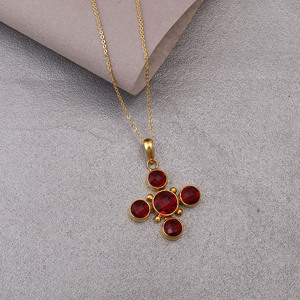Pink Fuchsia 18k Gold Plated Brass <b>Cross</b> Pendant Necklace with Bezel Setting Cute Round Gemstone Statement Gift for Mom - Product Image 1