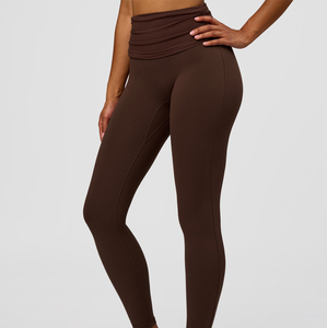 High Waisted Solid <b>Brown</b> Yoga <b>Leggings</b> Full Length Seamless Four-Way Stretch Pants Ribbed Waistband Spandex Nylon Material - Product Image 1