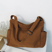 Tas Hobo Kanvas Coklat Kapasitas Besar Multi Saku Kasual Wanita Tas Bahu Belanja Perjalanan Tas Jinjing Harian Unisex Penutup Ritsleting