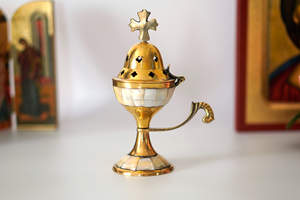 Incensario de Latón Estilo Vintage Cristiano - Detalles de Madreperla - Regalo Religioso, Incensario Dorado con Tapa de Cruz - Product Image 6