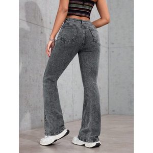 Vaqueros de mujer personalizados de cintura alta, elásticos, ajustados, acampanados, estilo bootcut, en gris, azul oscuro, rasgados, de mezclilla lavada, para verano y otoño. - Product Image 6