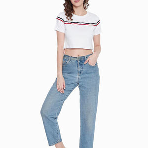 Women's White <b>Crop</b> <b>Top</b> Short Sleeve Crew Neck <b>Striped</b> Casual Jersey T-Shirt Spring Summer Wear - Product Image 5