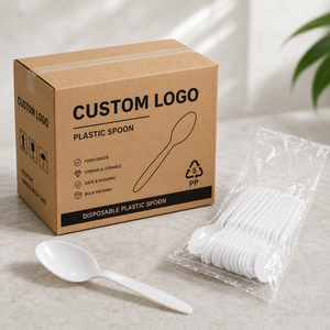 Cuillère en plastique jetable avec logo personnalisé, matériau PP blanc, style simple, utilisation pour les fêtes, emballage en vrac, qualité alimentaire, sûre et hygiénique - Product Image 2