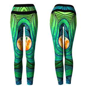 High Waist Full Length <b>Leggings</b> With Abstract Green Blue Pattern Stretch Knitted Spandex Polyester Women's Casual Yoga Pants OEM - Product Image 6