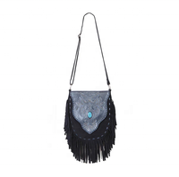 Tas Kulit Asli Wanita RADABA, Warna Navy Metalik, Berhias Kancing Perak dan Batu Giok Turquoise, Model Vintage