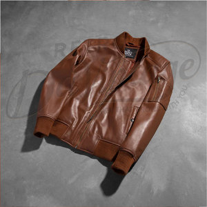 Chaqueta de Cuero Marrón Personalizada para Hombre, Estilo Bomber, con Detalle de Acolchado de Diamantes, Chaqueta de Piloto MA-1, Corte Ajustado, Cuero de Oveja Auténtico - Product Image 2