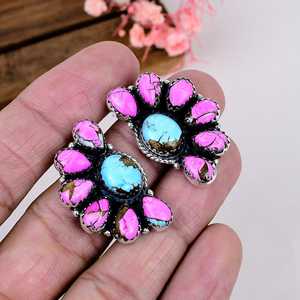 Cotton Candy Turquoise Sterling Silver <b>Stud</b> <b>Earrings</b> <b>Blue</b> Pink Gemstone Boho Jewelry - Product Image 4