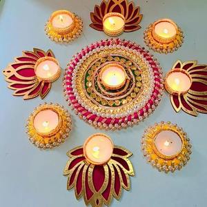 Ensemble de rangoli traditionnel en métal multicolore en forme de fleur de lotus, fait main, écologique, décoration d'intérieur, porte-bougie Diwali, cadeau de mariage - Product Image 1