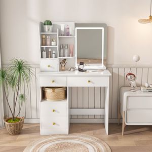 Coiffeuse blanche à 5 tiroirs lumière LED écran tactile organisateur de rangement miroir caché mobile Mode 3 couleurs pour vanités de maquillage - Product Image 1
