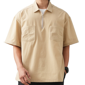 T-shirt en toile pour homme de qualité supérieure, surdimensionné, avec demi-fermeture éclair, col roulé, manches courtes, anti-rides et respirant - Product Image 1