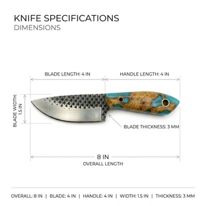 Cuchillo EDC de hoja fija de acero hecho a mano con raspador, mango híbrido de madera de Burl y resina turquesa, con funda de cuero - Product Image 6