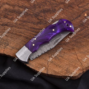 Luxury Custom Damascus Steel Industrial Folding Pocket Knife Drop Point Epoxy Handle Men's EDC Hunting Camping Genuine <b>Leather</b> - Product Image 3