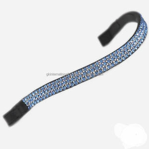 Cristaux bleus de qualité supérieure brillants strass diamante décoratifs en cuir anglais noir bande de front de cheval pour bride toutes tailles - Product Image 1