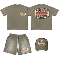 Conjunto de 3 piezas de verano para hombre BRANDNAME: Camiseta de algodón transpirable de punto con cuello redondo, pantalones cortos y gorra de béisbol sin costuras, color liso.