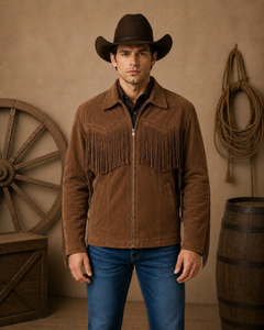 Men's <b>western</b> Brown Fringe <b>Jacket</b> With Turn-down Collar Regular Fit Autumn Wear Vintage Style - Product Image 3