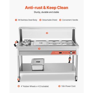 Scaldavivande Elettrico Professionale Commerciale 5 Vaschette + 2 Pentole 1800W, Tavolo Riscaldante a Vapore con Controllo Manuale della Temperatura per Catering e Buffet - Product Image 5