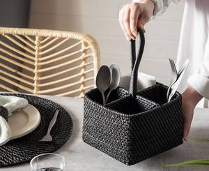 Porte-ustensiles carré en rotin tressé à la main, 4 compartiments, léger, écologique, de haute qualité, sûr pour les aliments, avec poignée, organisateur de vaisselle - Product Image 3