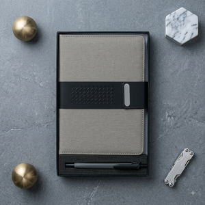 Carnet de notes A5 Aurelux Premium avec couverture en cuir PU gris, multicolore, pour réunions d'affaires, stylo inclus, logo personnalisé, cadeau de bureau exécutif - Product Image 1