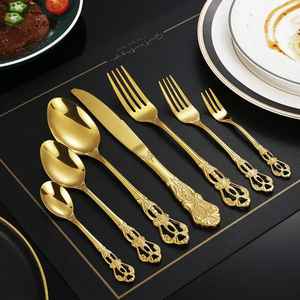 Luxury Gold Stainless Steel Cutlery Set Vintage Engraved Handle <b>Flatware</b> Fork Spoon Knife Royal Dinnerware Tableware - Product Image 5
