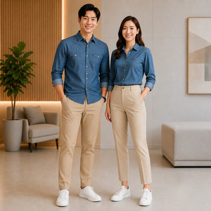 ชุดยูนิฟอร์มผ้าฝ้ายระบายอากาศสำหรับผู้ใหญ่ เสื้อเชิ้ตเดนิมสีน้ำเงินแบบยูนิเซ็กซ์ พร้อมกางเกงสีเบจ - Product Image 1